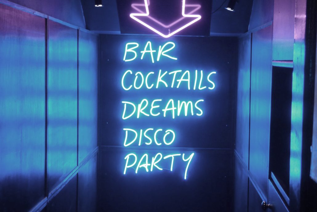 bars cocktails disco party neon sign