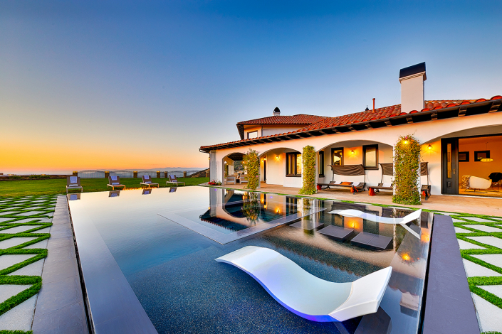 malibu villa rental pool at sunset