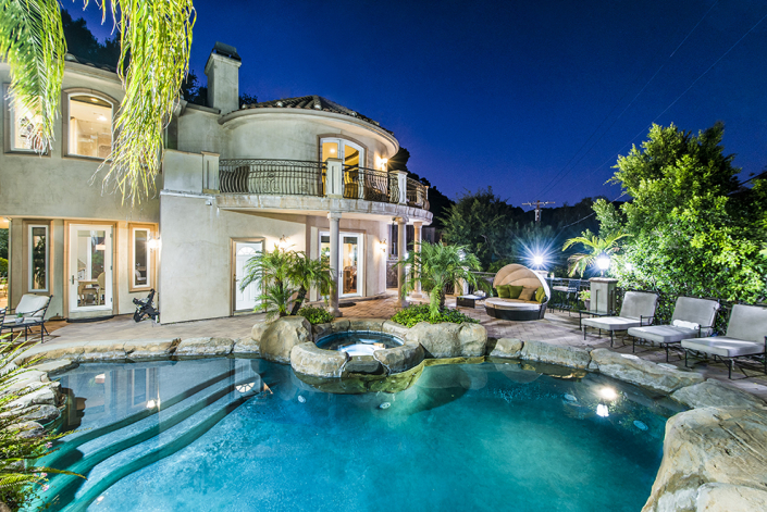 beverly hills rental pool at night