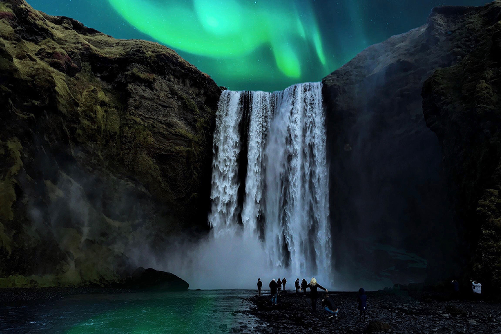 iceland northern lights waterfall
