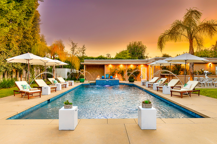 beverly hills villa rental pool during sunset