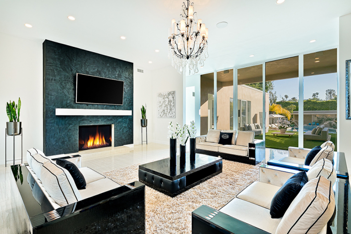 beverly hills villa rental family room with fireplace