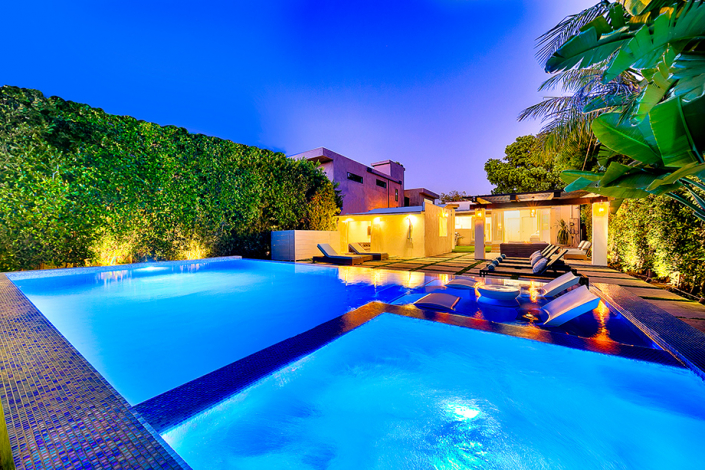 west hollywood villa rental pool at night