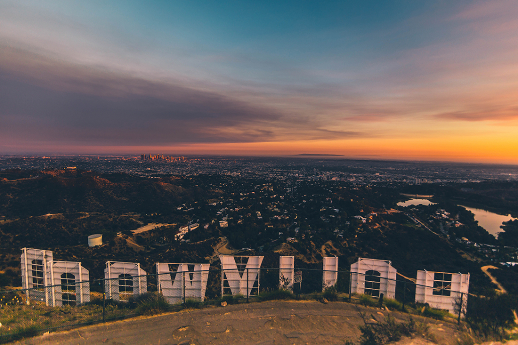 hollywood sign view of los angeles during sunset