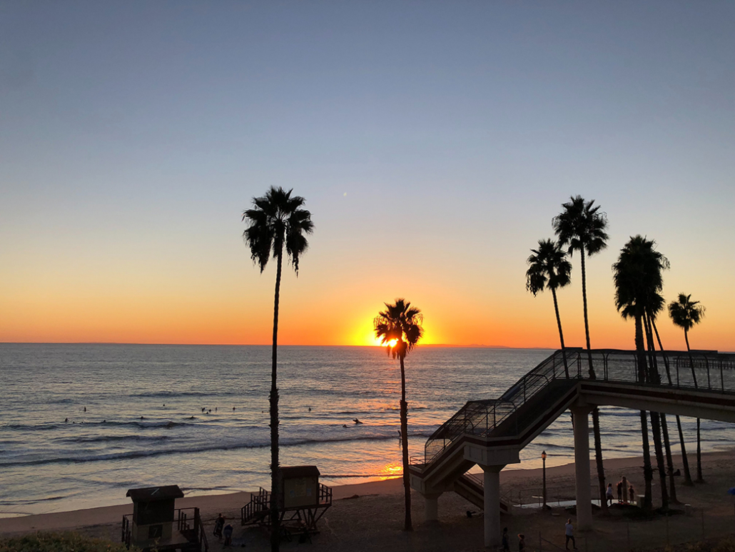 california beach at sunset palm trees