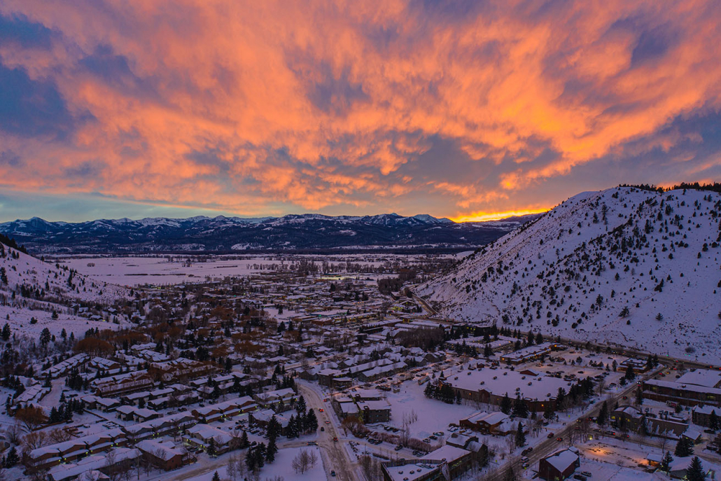 jackson hole at sunset during winter