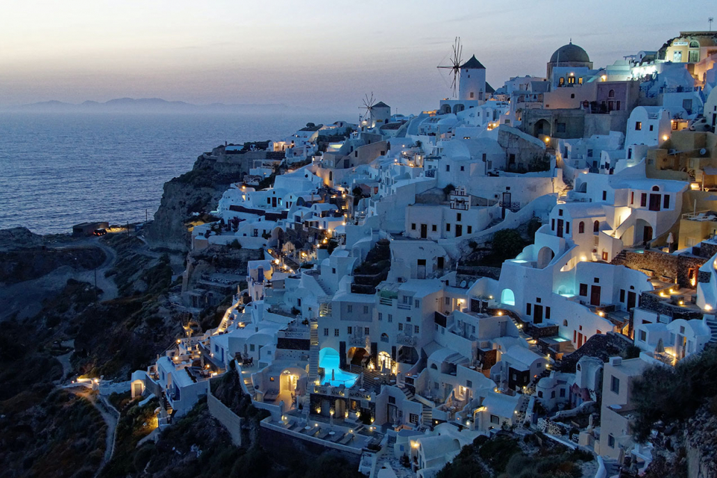 santorini greece villa rental at dusk