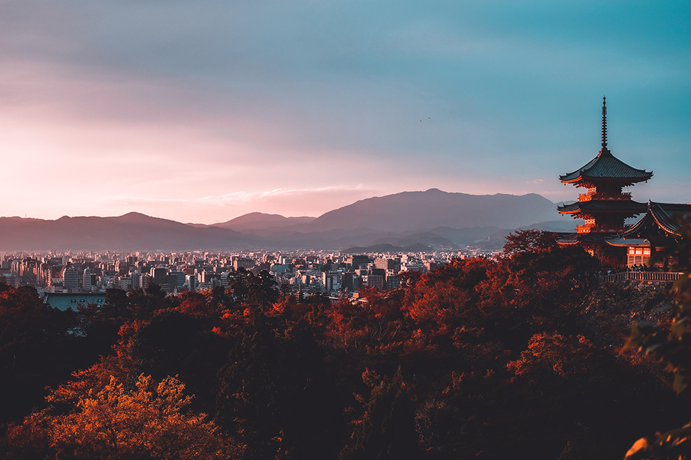 Kyoto japan aerial view during sunset