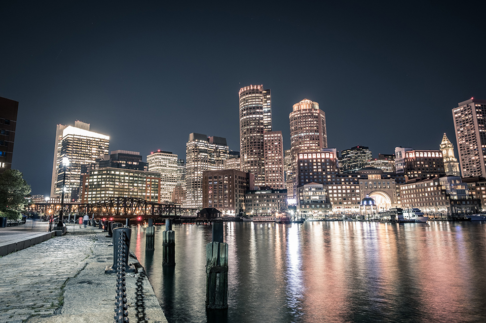 boston charles river at night with city lights