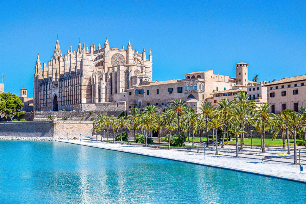 mallorca spain town palm trees